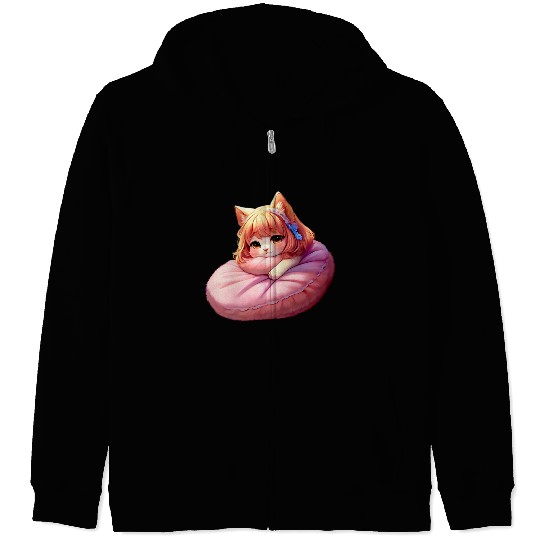 Neko Snoozing Under Sakura Zip Hoodies