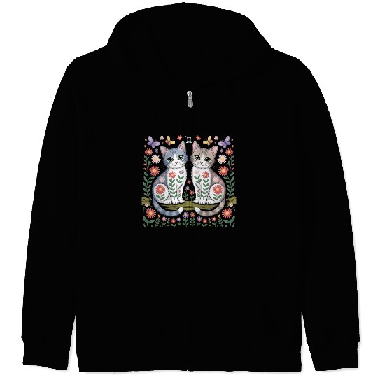 Gemini Zodiac Twin Cats Art Zip Hoodies