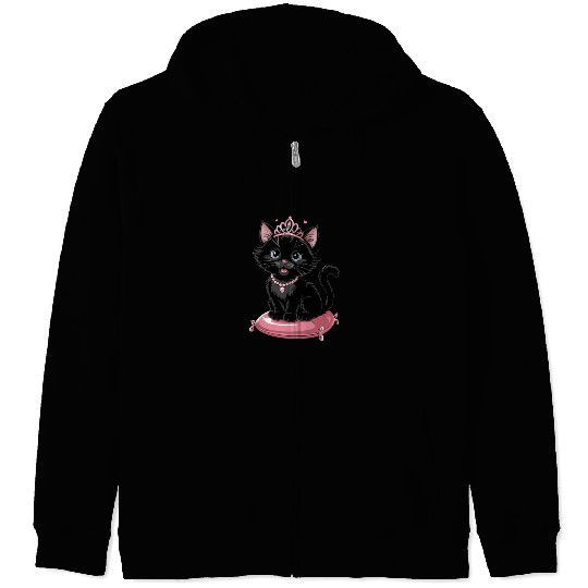 Royal Black Cat with Tiara and Jewels on Pink Zip Hoodies