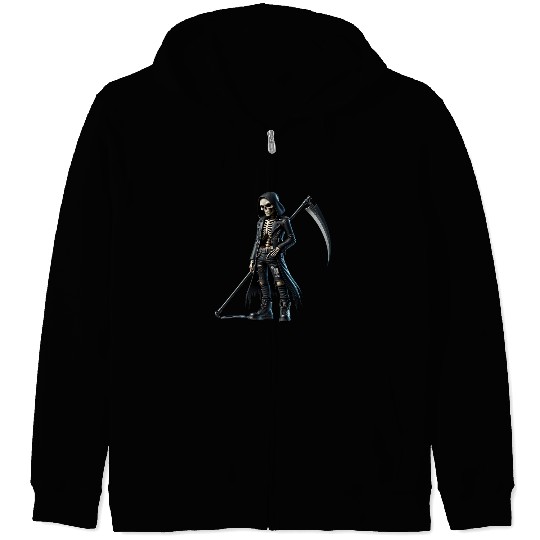 Dark Skeleton Warrior with Scythe and Hooded Jacke Zip Hoodies