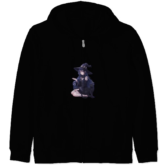 Dark Fantasy Anime Girl & Gothic Black Cat Art Zip Hoodies