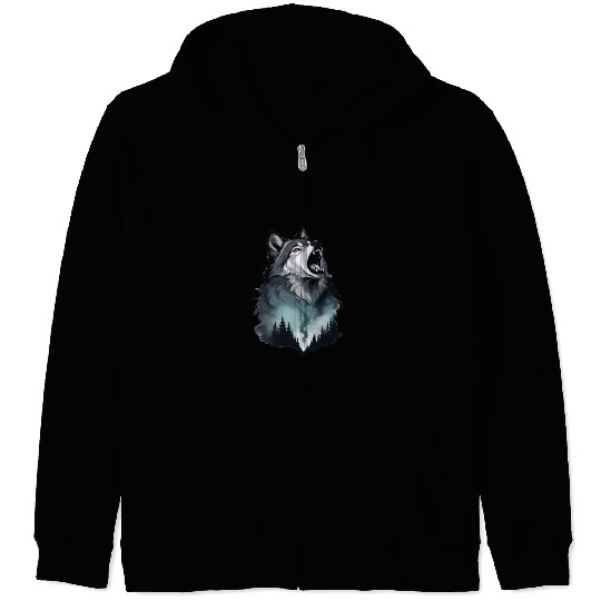 Howling Wolf Under the Northern Sky Zip Hoodies