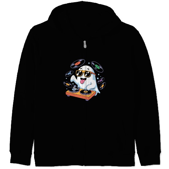 Retro Ghost DJ With Vinyl Records Zip Hoodies