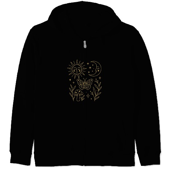 Celestial Magic Moon and Sun Doodle Zip Hoodies