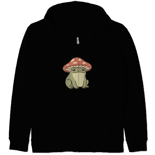 Whimsical Frog with Mushrooms Illustration Zip Hoodies