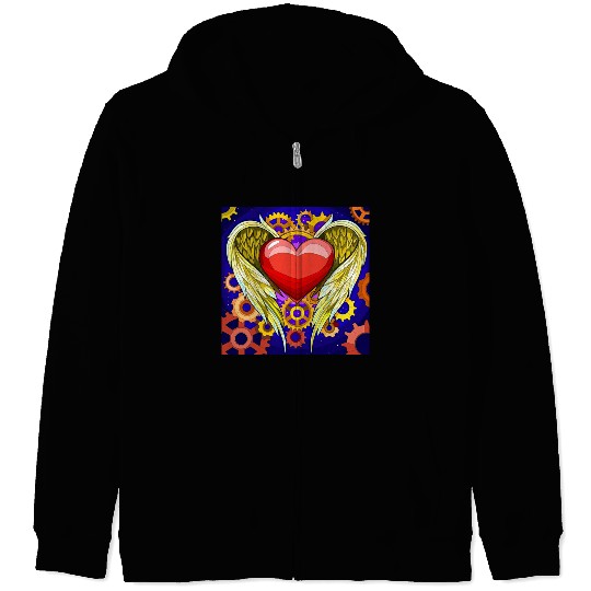 Mechanical Heart with Angel Wings Zip Hoodies