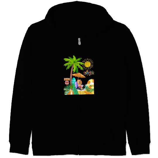 Vibrant Summer Beach Scene Illustration Zip Hoodies