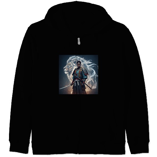 African Samurai With Spirit Lion Zip Hoodies