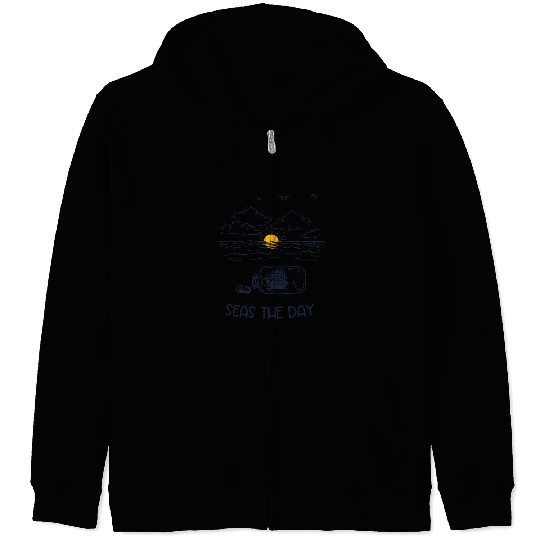 Seas the Day, Ship in a Bottle Ocean Line Art Zip Hoodies