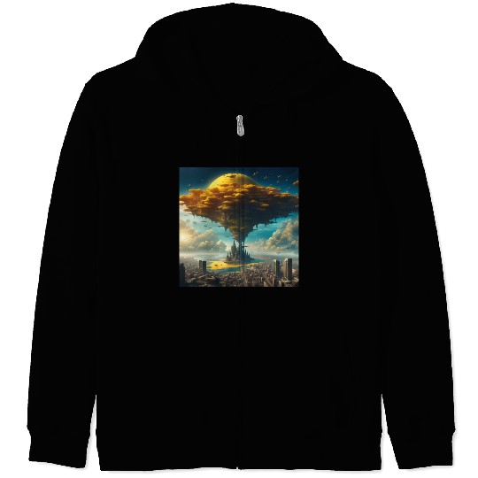 Sci-Fi Alien City: Floating Planet Twilight Scene Zip Hoodies