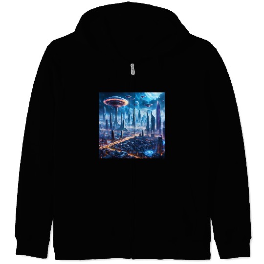 Cyberpunk World Cityscape with Alien Ufo Skies Zip Hoodies
