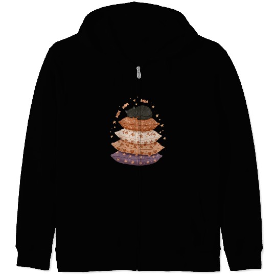 Whimsical Sleepy Cat on Patterned Pillows Zip Hoodies