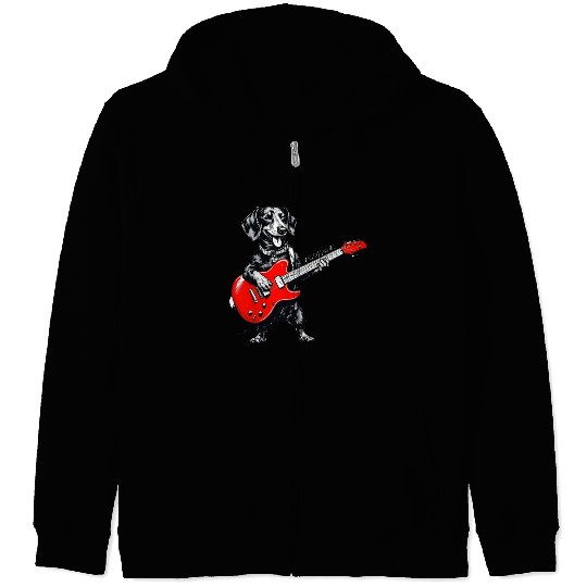 Dachshund Playing Guitar Funny Rock and Roll Dog Zip Hoodies
