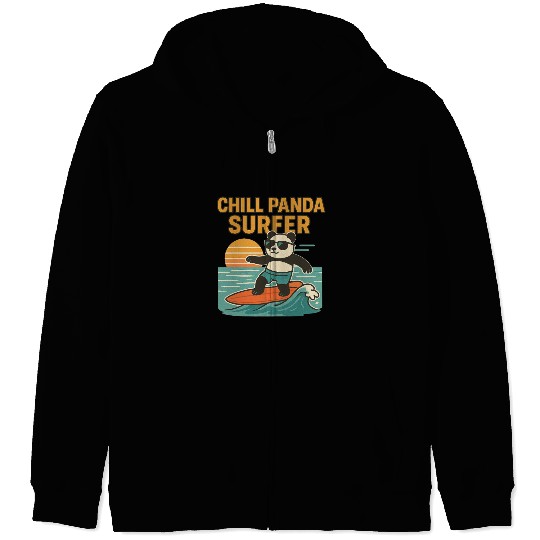 Chill Panda Surfing Sunset Design Zip Hoodies