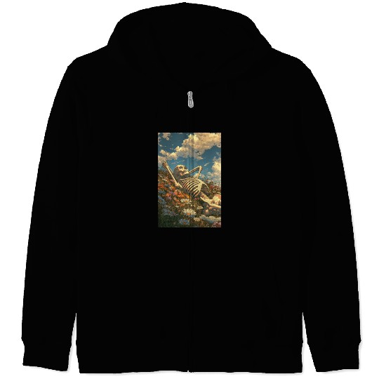 Relaxing Skeleton in Flower Field Zip Hoodies