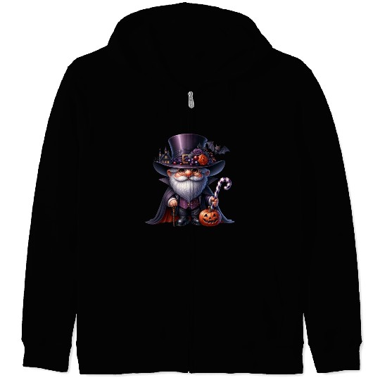 Elegant Halloween Gnome – Top Hat, Pumpkin & Candy Zip Hoodies