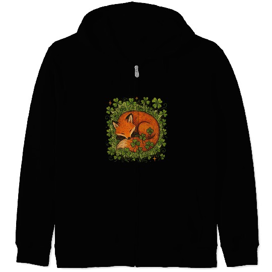 Fox Sleeping in Clover Peaceful Nature Art Zip Hoodies