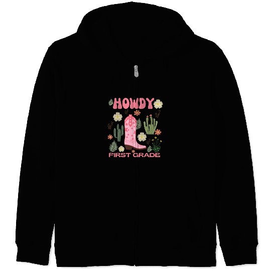 Howdy First Grade Kids Zip Hoodies, Cowgirl First Day