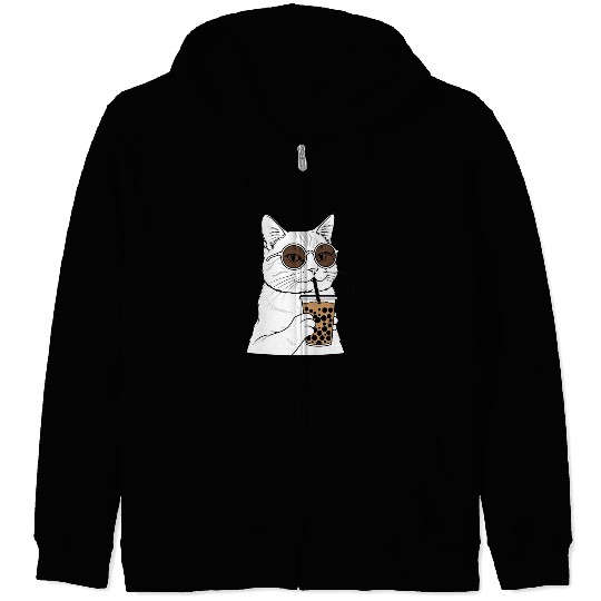 Cool Cat with Bubble Tea and Sunglasses Zip Hoodies