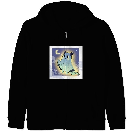 Cute Ghost Bat Under Moon Scene Zip Hoodies