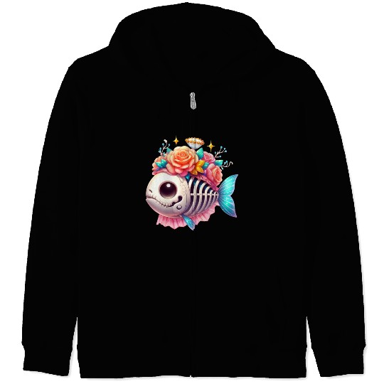 Whimsical Skull Fish with Floral Crown Zip Hoodies