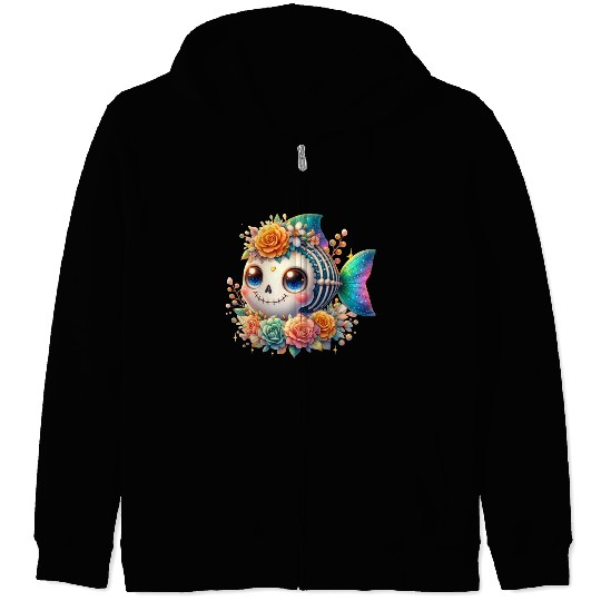 Whimsical Skeleton Fish with Floral Crown Zip Hoodies
