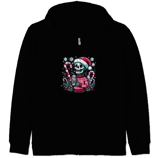 Festive Skeleton in Santa Hat Zip Hoodies