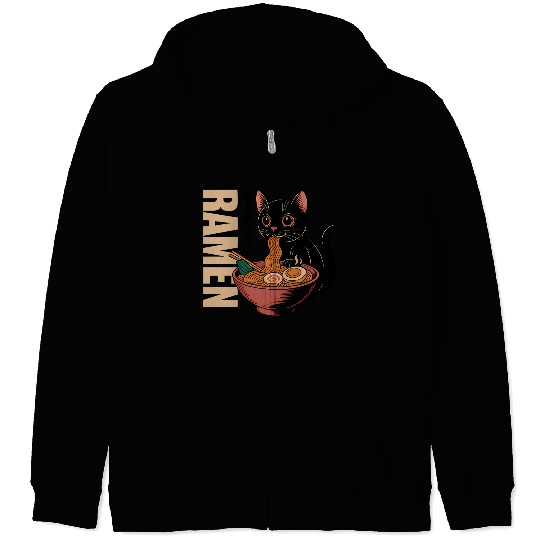 Black Cat Ramen Illustration Zip Hoodies
