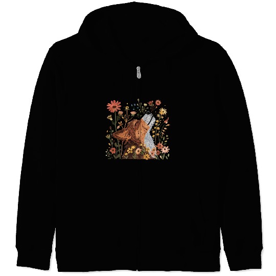 Serene Howling Wolf Amid Floral Bloom Zip Hoodies