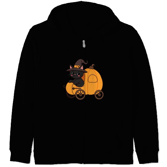 Black Cat in Witch Hat Halloween Design Zip Hoodies