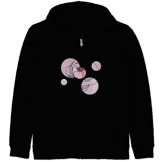 Elegant Line Art Rose with Soft Pastel Circles Zip Hoodies