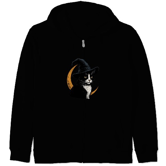 Whimsical Black Cat Witch Design Zip Hoodies