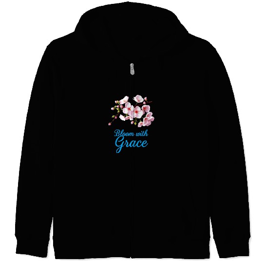 Cherry Blossom Bloom with Grace Text Zip Hoodies