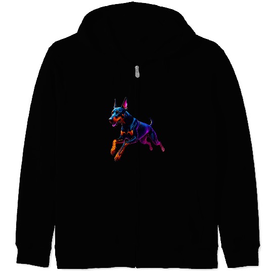 Neon Doberman Running Illustration Zip Hoodies