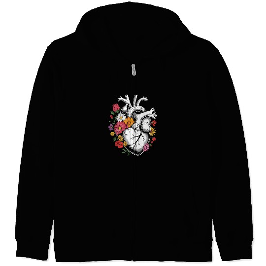 Floral Heart Anatomical Illustration Zip Hoodies