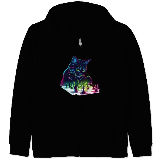 Neon Black Cat Chess Art Zip Hoodies