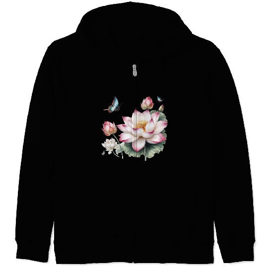 Light Pink Lotus and Butterflies  Zip Hoodies