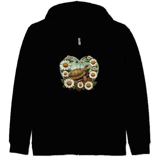 Turtle surrounded by Daisy Heart Design Zip Hoodies