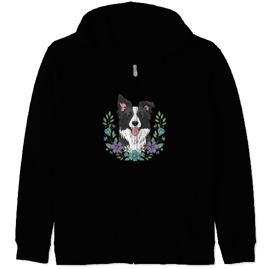 Playful Border Collie Floral Zip Hoodies
