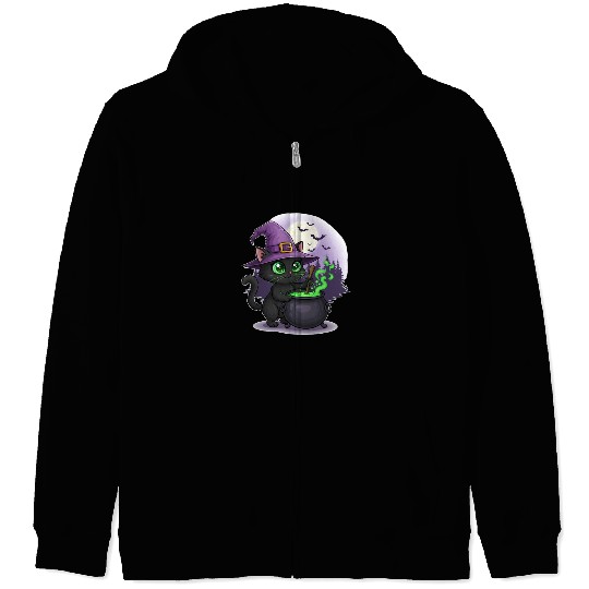 Enchanting Witch Cat Under Full Moon Zip Hoodies