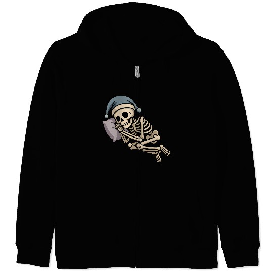 Festive Skeleton Relaxing in Holiday Gear Zip Hoodies