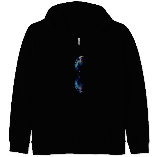 Great Blue Heron Stands Reflected Zip Hoodies