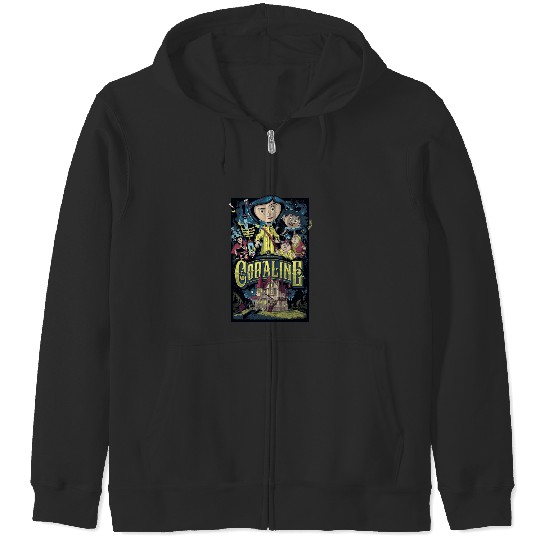 Coraline Zip Hoodies, Coraline Doll Zip Hoodies, Vintage Disney Halloween Party Zip Hoodies