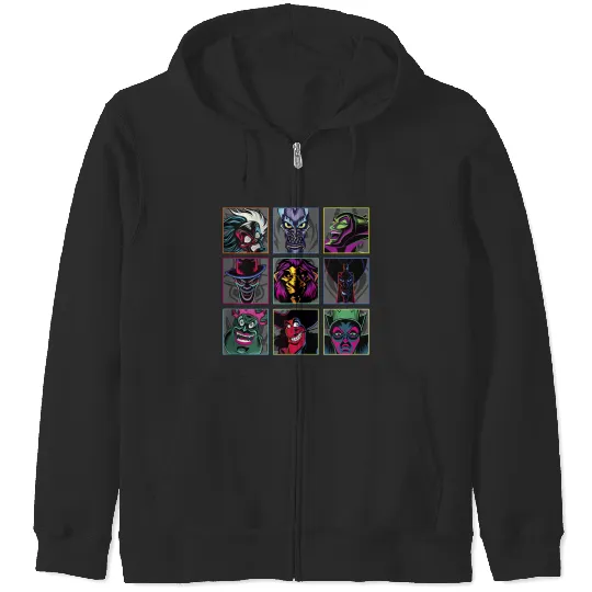 Disneyss Villains Colorful Neon Big Faces Group shots Panels Zip Hoodies