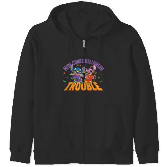 Disneyss Stitch Angel Here Comes Halloween Trouble Zip Hoodies