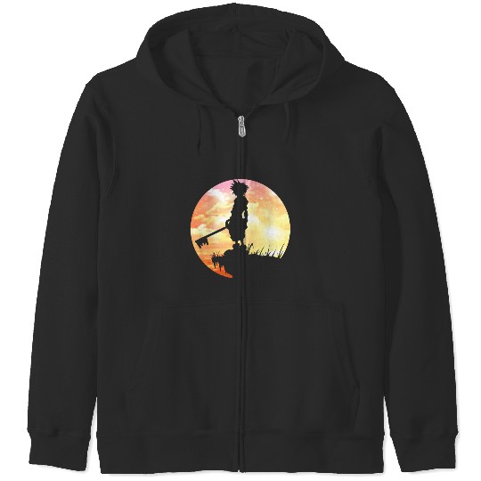 Disney Kingdom Hearts Sora Sunset Silhouette Pose Chest Logo Zip Hoodies