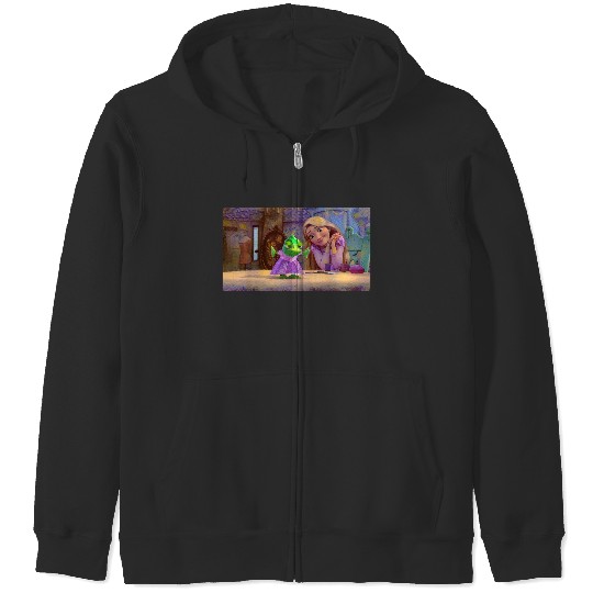 Disneyss Tangled Rapunzel And Pascal Painted Style Chest Logo Zip Hoodies
