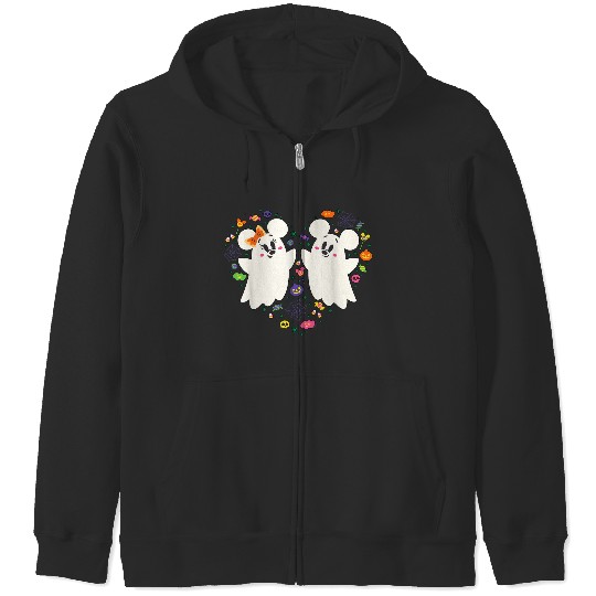 Discover Disney Mickey And Minnie Cute Little Ghosts Halloween 2024 Heart Zip Hoodies