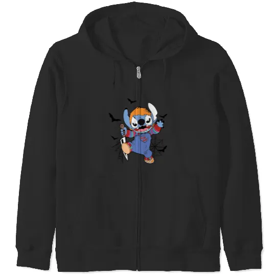 Disney Halloween Chucky Stitch Zip Hoodies, Disney Stitch Horror Movie Zip Hoodies, Chucky Zip Hoodies