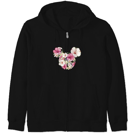 Womens Disney Mickey And Friends Tropical Floral Print Silhouette V-Neck Zip Hoodies